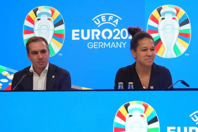 EURO 2024 Tournament Director Philipp Lahm and DFB Vice President Celia Sasic 16 10 2023 EURO 2024 Partnership DFB VDV