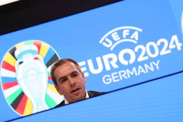 Frankfurt am Main on 16 October 2023 Deutsche Bank Park media event of EURO 2024 GmbH f l , Philipp Lahm, tournament director of UEFA EURO 2024, logo in the background. Copyright: JoaquimxFerreira