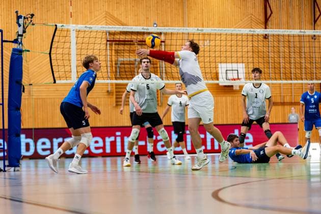 15 10 2023, GER, 2 BL Maenner Sued, Volleyball, Season 2023 2024, Blue Volleys Gotha Volley YoungStars Friedrichshafen Huckle, Lucas Volley YoungStars Friedrichshafen Gotha Ernestiner Halle Thüringen Germany