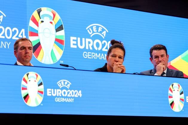 Frankfurt am Main on 16 October 2023 Deutsche Bank Park media event of EURO 2024 GmbH v l , Philipp Lahm, tournament director of UEFA EURO 2024 , Celia Å aÅ¡ic, ambassador of UEFA EURO 2024 and Hubertus Heil, Federal Minister of Labor and Social Affairs, thoughtful. Copyright: JoaquimxFerreira