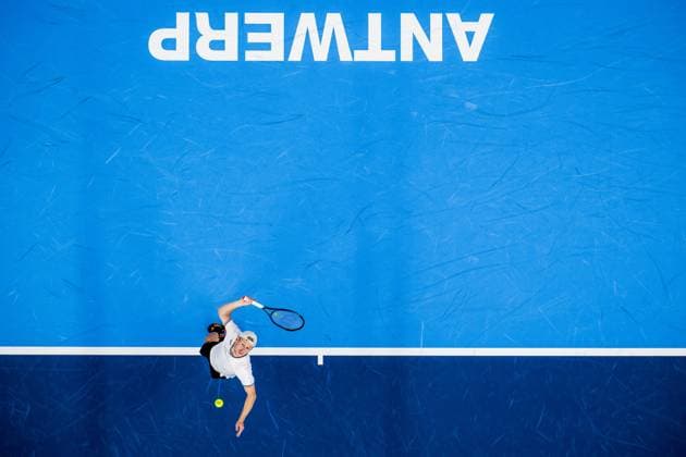 Belgian Gauthier Onclin pictured in action during a qualifications match for the European Open Tennis ATP, Tennis Herren tournament, in Antwerp, Monday 16 October 2023. JASPERxJACOBS  x77842336x