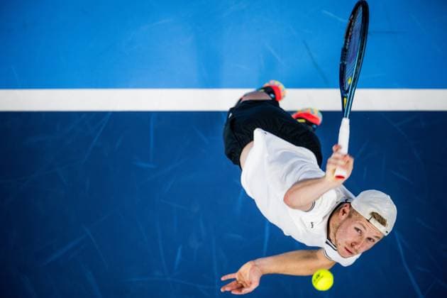 Belgian Gauthier Onclin pictured in action during a qualifications match for the European Open Tennis ATP, Tennis Herren tournament, in Antwerp, Monday 16 October 2023. JASPERxJACOBS  x77842495x
