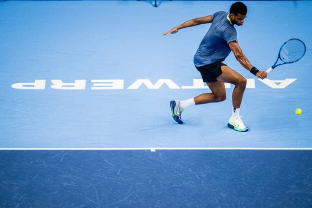 French Giovanni Mpetshi Perricard pictured in action during a qualifications match for the European Open Tennis ATP, Tennis Herren tournament, in Antwerp, Monday 16 October 2023. JASPERxJACOBS  x77842750x