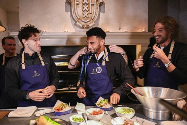 Austrian Dominic Thiem, French Arthur Fils and Greek Stefanos Tsitsipas pictured during the media day of the European Open Tennis ATP, Tennis Herren tournament, at the Frites Atelier of Sergio Herman , in Antwerp, Monday 16 October 2023. LAURIExDIEFFEMBACQ  x77844318x