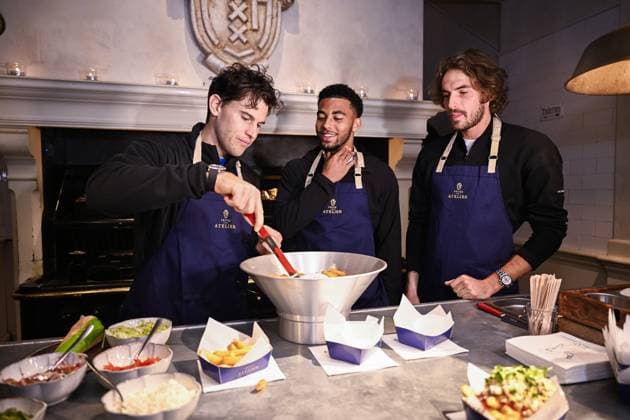 Austrian Dominic Thiem, French Arthur Fils and Greek Stefanos Tsitsipas pictured during the media day of the European Open Tennis ATP, Tennis Herren tournament, at the Frites Atelier of Sergio Herman , in Antwerp, Monday 16 October 2023. LAURIExDIEFFEMBACQ  x77844338x