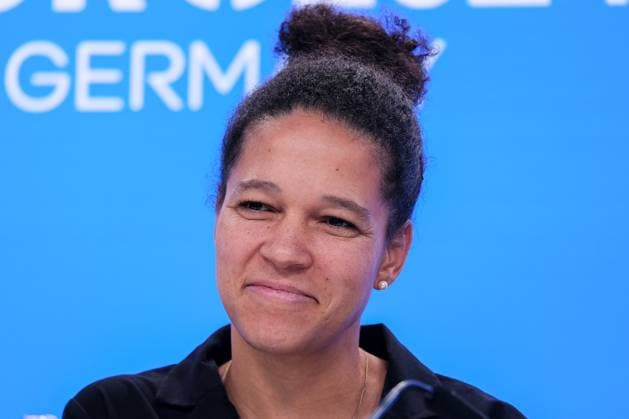 Celia Sasic, ambassador, UEFA EURO 2024 smiling, GER, press conference, UEFA Working Visits EURO 2024, Frankfurt am Main, 16 10 2023, GER, press conference, UEFA Working Visits EURO 2024, Frankfurt am Main, 16 10 2023 Frankfurt am Main, Germany Copyright: xEibner-Pressefoto FlorianxWieganx EP_FWD