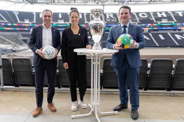DFB Press Conference From left Philipp Lahm, Tournament Director of UEFA EURO 2024, Celia Sasic, Ambassador of UEFA EURO 2024 and Hubertus Heil, Federal Minister of Labor and Social Affairs present the European Cup Press Conference of the DFB on 16 October 2023 in Frankfurt am Main , Frankfurt am Main Hessen Germany Deutsche Bank Park