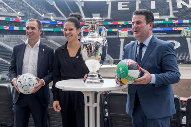 UEFA Euro 2024 Press Conference, eutsche Bank Park, Frankfurt, 16 10 2023 Philipp Lahm, UEFA EURO 2024 Tournament Director Celia Sasic, UEFA EURO 2024 Ambassador Hubertus Heil, Federal Minister of Labour and Social Affairs, UEFA Euro 2024 PK, Frankfurt, Eissporthalle, 16 10 2023 Copyright: xBEAUTIFULxSPORTS Gawlikx