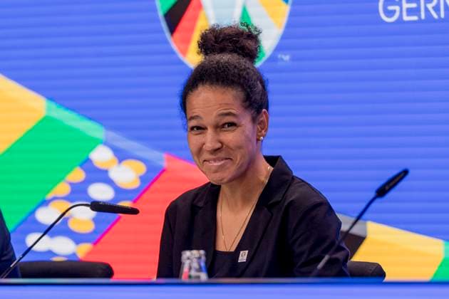 UEFA Euro 2024 Press Conference, eutsche Bank Park, Frankfurt, 16 10 2023 Celia Sasic, UEFA EURO 2024 Ambassador, UEFA Euro 2024 PK, Frankfurt, Eissporthalle, 16 10 2023 Copyright: xBEAUTIFULxSPORTS Gawlikx