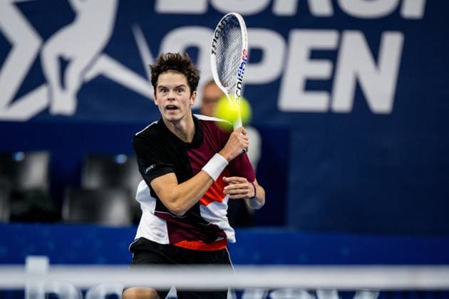 Belgian Alexander Blockx pictured in action during a qualifications match for the European Open Tennis ATP, Tennis Herren tournament, in Antwerp, Monday 16 October 2023. JASPERxJACOBS  x77846620x