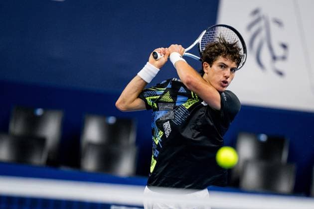 Belgian Gilles-Arnaud Bailly pictured in action during a qualifications match for the European Open Tennis ATP, Tennis Herren tournament, in Antwerp, Monday 16 October 2023. JASPERxJACOBS  x77846751x