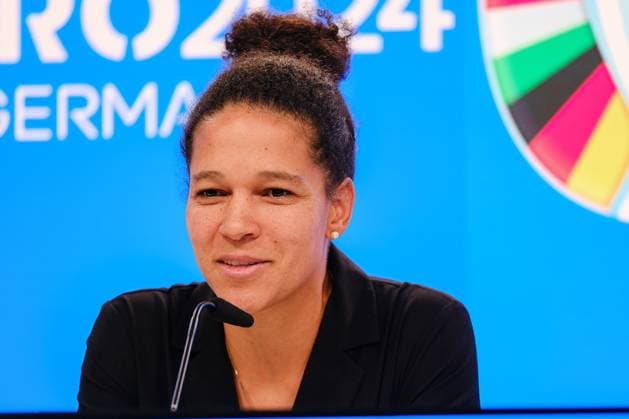 Celia Sasic, ambassador, UEFA EURO 2024 smiling, GER, press conference, UEFA Working Visits EURO 2024, Frankfurt am Main, 16 10 2023, GER, press conference, UEFA Working Visits EURO 2024, Frankfurt am Main, 16 10 2023 Frankfurt am Main, Germany Copyright: xEibner-Pressefoto FlorianxWieganx EP_FWD