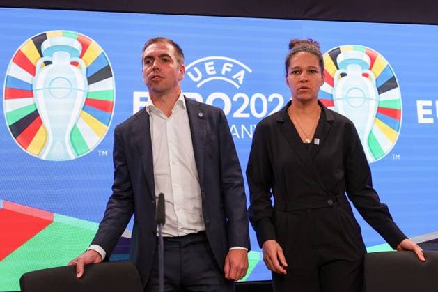 Frankfurt am Main on 16 October 2023 Deutsche Bank Park media event of EURO 2024 GmbH v l , Philipp Lahm tournament director of UEFA EURO 2024 and Celia Sasic ambassador of UEFA EURO 2024. Copyright: JoaquimxFerreira