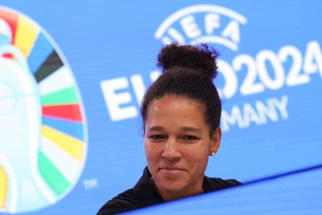 Frankfurt am Main on 16 October 2023 Deutsche Bank Park media event of EURO 2024 GmbH v l , Celia Sasic, ambassador of UEFA EURO 2024 in a good mood, laughs. Copyright: JoaquimxFerreira