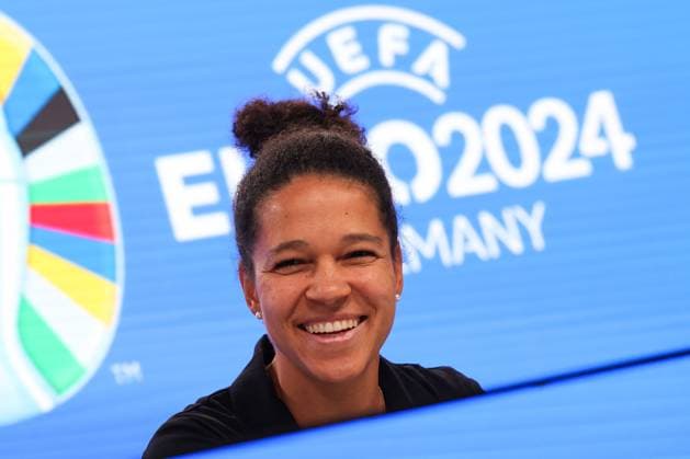 Frankfurt am Main on 16 October 2023 Deutsche Bank Park media event of EURO 2024 GmbH v l , Celia Sasic, ambassador of UEFA EURO 2024 in a good mood, laughs. Copyright: JoaquimxFerreira