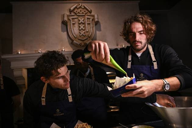 Austrian Dominic Thiem and Greek Stefanos Tsitsipas pictured during the media day of the European Open Tennis ATP, Tennis Herren tournament, at the Frites Atelier of Sergio Herman , in Antwerp, Monday 16 October 2023. LAURIExDIEFFEMBACQ  x77849716x