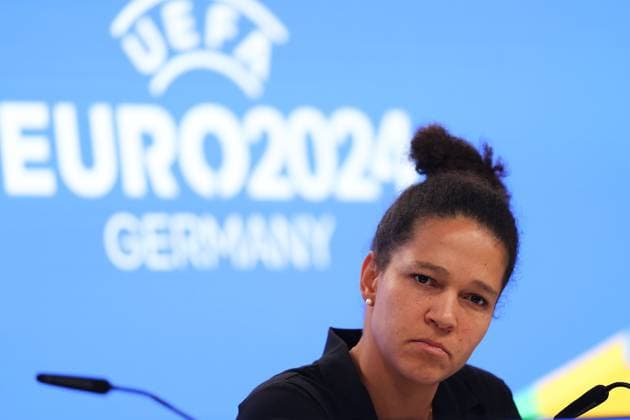 Frankfurt am Main on 16 October 2023 Deutsche Bank Park media event of EURO 2024 GmbH v l , Celia Sasic ambassador of UEFA EURO 2024 pensive Copyright: JoaquimxFerreira