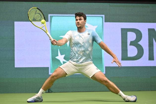 STOCKHOLM 20231016 Miomir Kecmanovic Sebien in his match against Karl Friberg Sweden during the Nordic Open tennis tournament at Kungliga Tennishallen on Monday STOCKHOLM SWEDEN x10030x  Copyright: xJonasxEkströmer TTx TENNIS NORDIC OPEN