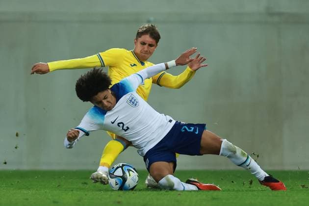 EDITORIAL USE ONLY No use with unauthorised audio, video, data, fixture lists, club league logos or live services. Online in-match use limited to 120 images, no video emulation. No use in betting, games or single club league player publications. Ukraine U21, U 21 v England U21, UEFA U21 European Championship, EM, Europameisterschaft 2023 Qualifying, Group F, Football, Kosicka Futbalova Arena, Kosice, Slovakia - 16 Oct 2023 EDITORIAL USE ONLY No use with unauthorised audio, video, data, fixture lists, club league logos or live services. Online in-match use limited to 120 images, no video emulation. No use in betting, games or single club league player publications. Copyright: xIstvanxDerencsenyi Shutterstockx 14147657ch