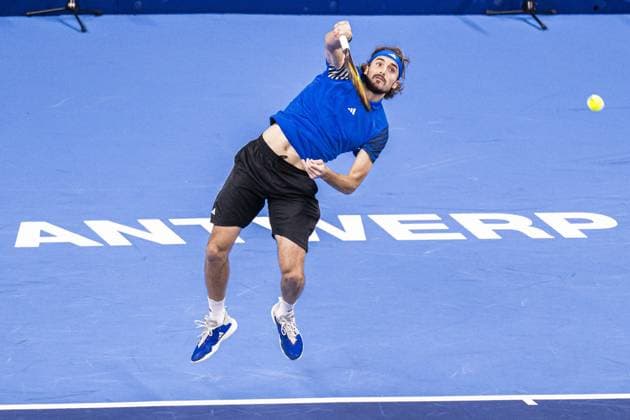 Greek Stefanos Tsitsipas pictured in action during a first round doubles match at the European Open Tennis ATP, Tennis Herren tournament, in Antwerp, Tuesday 17 October 2023. LAURIExDIEFFEMBACQ  x77909629x
