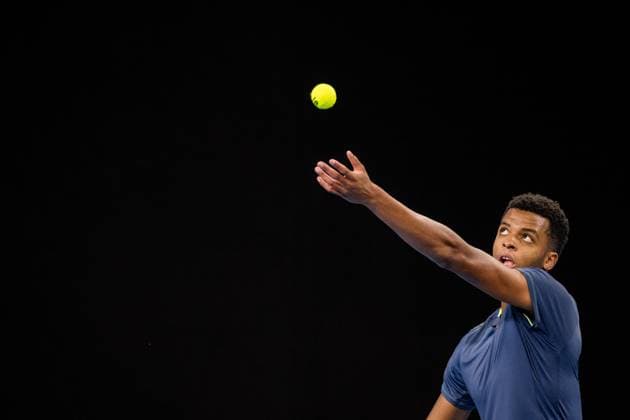 French Giovanni Mpetshi Perricard pictured in action during a first round match at the European Open Tennis ATP, Tennis Herren tournament, in Antwerp, Tuesday 17 October 2023. JASPERxJACOBS  x77914472x