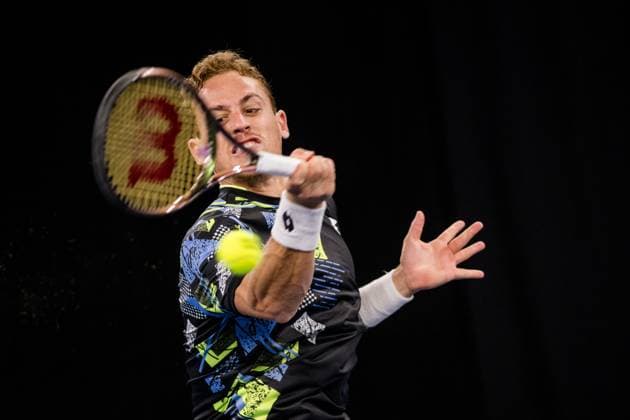 Spanish Roberto Carballes Baena pictured in action during a first round match at the European Open Tennis ATP, Tennis Herren tournament, in Antwerp, Tuesday 17 October 2023. JASPERxJACOBS  x77914473x