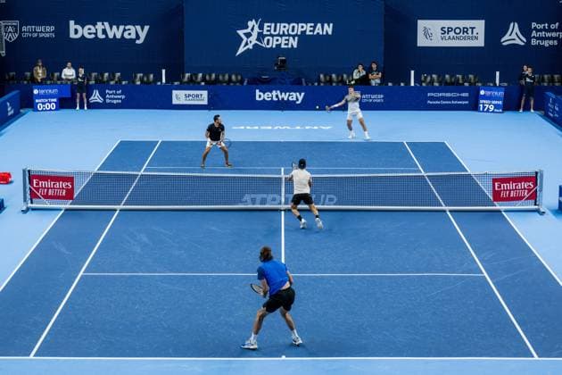 Greek Stefanos Tsitsipas and Greek Petros Tsitsipas pictured in action during a first round doubles match at the European Open Tennis ATP, Tennis Herren tournament, in Antwerp, Tuesday 17 October 2023. JASPERxJACOBS  x77915077x