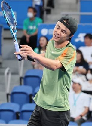 October 17, 2023, Tokyo, Japan - Taro Daniel of Japan is disappointed as he lost a key point against Ben Shelton of tghe United States during the first round match of the Japan Open tennis championships at the Ariake Colosseum in Tokyo on Tuesday, October 17, 2023. (photo by Yoshio Tsunoda AFLO) Noxthirdxpartyxsales  (0308924783st)