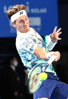 October 17, 2023, Tokyo, Japan - Casper Ruud of Norway returns the ball against Yosuke Watanuki of Japan during the first round match of the Japan Open tennis championships at the Ariake Colosseum in Tokyo on Tuesday, October 17, 2023. (photo by Yoshio Tsunoda AFLO) Noxthirdxpartyxsales  (0308939120st)