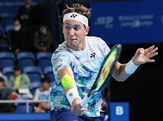 October 17, 2023, Tokyo, Japan - Casper Ruud of Norway returns the ball against Yosuke Watanuki of Japan during the first round match of the Japan Open tennis championships at the Ariake Colosseum in Tokyo on Tuesday, October 17, 2023. (photo by Yoshio Tsunoda AFLO) Noxthirdxpartyxsales  (0308939141st)