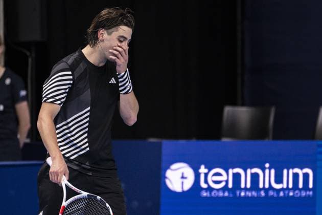 Russian Alexander Shevchenko reacts during a first round match at the European Open Tennis ATP, Tennis Herren tournament, in Antwerp, Tuesday 17 October 2023. LAURIExDIEFFEMBACQ  x77917815x