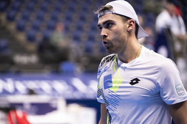 French Benjamin Bonzi reacts during a first round match at the European Open Tennis ATP, Tennis Herren tournament, in Antwerp, Tuesday 17 October 2023. LAURIExDIEFFEMBACQ  x77917819x
