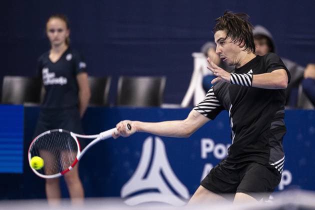 Russian Alexander Shevchenko pictured in action during a first round match at the European Open Tennis ATP, Tennis Herren tournament, in Antwerp, Tuesday 17 October 2023. LAURIExDIEFFEMBACQ  x77917923x