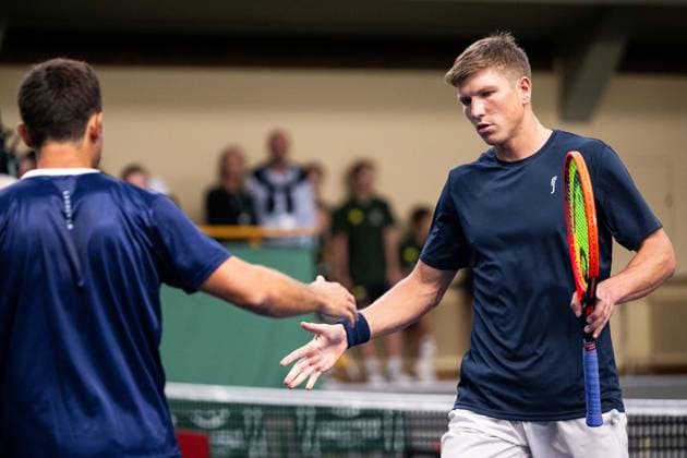 231017 Nicolas Barrientos of Colombia and AndrÃ Göransson of Sweden celebrate during day 4 of the Nordic Open tennis tournament on October 17, 2023 in Stockholm Photo Emma Wallskog BILDBYRAN COP 320 EW0269 tennis nordic open dag 4 bbeng jubel  Copyright: EMMAxWALLSKOG BB231017EW042