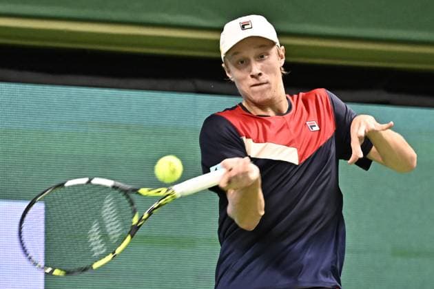 STOCKHOLM 20231017 Leo Borg in his match against Laslo Djere of Serbia during the Nordic Open tennis tournament at Kungliga Tennishallen on Tuesday evening STOCKHOLM SWEDEN x10030x  Copyright: xJonasxEkströmer TTx TENNIS NORDIC OPEN
