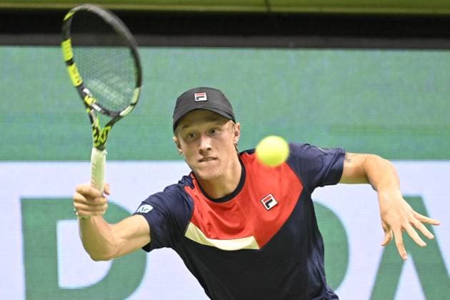 STOCKHOLM 20231017 Leo Borg in his match against Laslo Djere of Serbia during the Nordic Open tennis tournament at Kungliga Tennishallen on Tuesday evening STOCKHOLM SWEDEN x10030x  Copyright: xJonasxEkströmer TTx TENNIS NORDIC OPEN