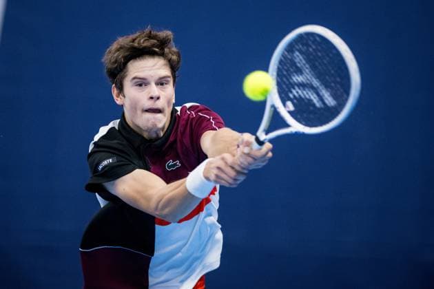 Belgian Alexander Blockx pictured in action during a first round match at the European Open Tennis ATP, Tennis Herren tournament, in Antwerp, Tuesday 17 October 2023. JASPERxJACOBS  x77927912x