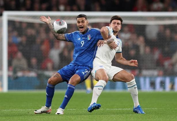 London, England, 17th October 2023. Gianluca Scamacca of Italy and Harry Maguire of England challenge for the ball during the UEFA European Championship, EM, Europameisterschaft Qualifying match at Wembley Stadium, London. Picture credit should read: David Klein Sportimage EDITORIAL USE ONLY. No use with unauthorised audio, video, data, fixture lists, club league logos or live services. Online in-match use limited to 120 images, no video emulation. No use in betting, games or single club league player publications. SPI-2649-0024