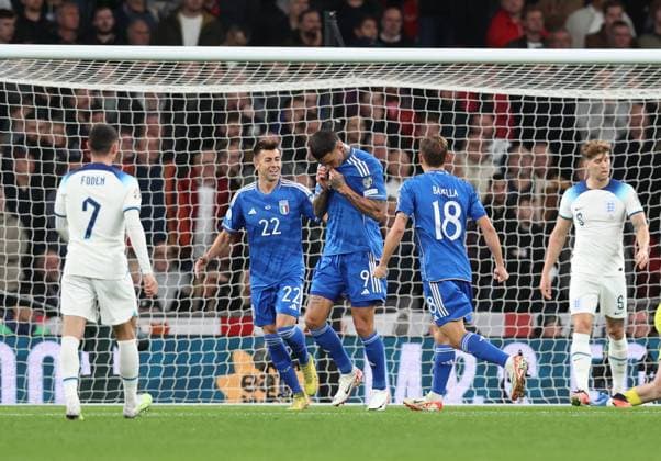London, England, 17th October 2023. Gianluca Scamacca of Italy celebrates after scoring the opening goal during the UEFA European Championship, EM, Europameisterschaft Qualifying match at Wembley Stadium, London. Picture credit should read: David Klein Sportimage EDITORIAL USE ONLY. No use with unauthorised audio, video, data, fixture lists, club league logos or live services. Online in-match use limited to 120 images, no video emulation. No use in betting, games or single club league player publications. SPI-2649-0036