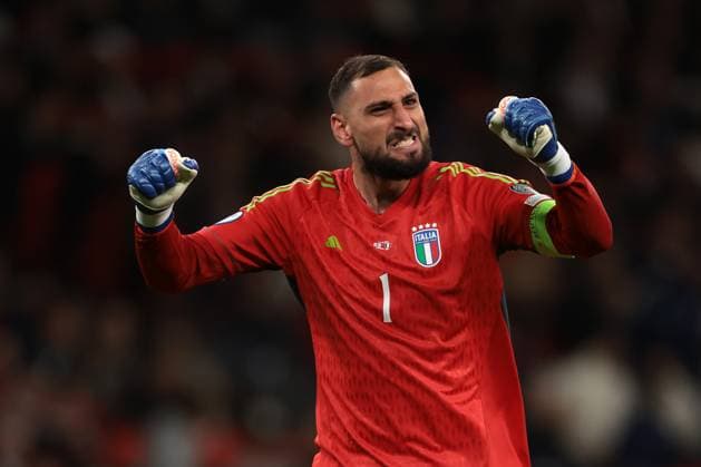 London, England, 17th October 2023. Gianluigi Donnarumma of Italy celebrates after team mate Gianluca Scamacca scored to give the side a 1-0 lead during the UEFA European Championship, EM, Europameisterschaft Qualifying match at Wembley Stadium, London. Picture credit should read: Jonathan Moscrop Sportimage EDITORIAL USE ONLY. No use with unauthorised audio, video, data, fixture lists, club league logos or live services. Online in-match use limited to 120 images, no video emulation. No use in betting, games or single club league player publications. SPI-2650-0005