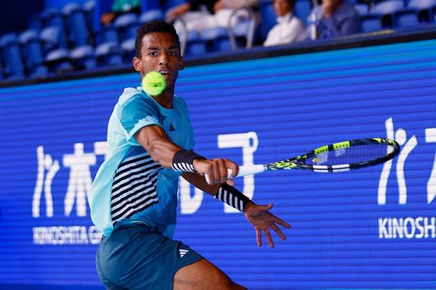 October 18, 2023, Tokyo, Japan: Felix AUGER-ALIASSIME (CAN) hits a reverse against Sebastian OFNER (AUT) during their singles match on the third day of the Kinoshita Group Japan Open Tennis Championships 2023 at the Ariake Coliseum. This is the longest-running ATP, Tennis Herren Tour tournament in Asia, first held in 1972. The tournament runs from October 16 to 22. Auger-Aliassime won 6-4, 6-1. Tokyo Japan - ZUMAm191 20231018_aap_m191_027 Copyright: xRodrigoxReyesxMarinx