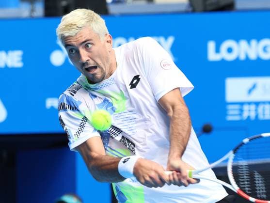 October 18, 2023, Tokyo, Japan - Sebastian Ofner of Austria returns the ball against Felix Auger-Aliassime of Canada during the Second round match of the Japan Open tennis championships at the Ariake Colosseum in Tokyo on Wednesday, October 18, 2023. (photo by Yoshio Tsunoda AFLO) Noxthirdxpartyxsales  (232841141)