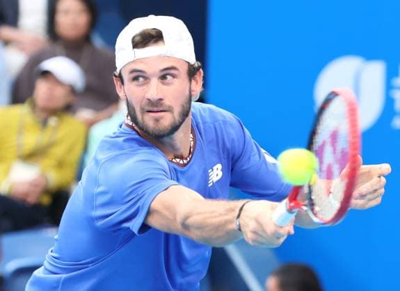 October 18, 2023, Tokyo, Japan - Tommy Paul of the United States returns the ball against his compatriot Mackenzie McDonald during the Second round match of the Japan Open tennis championships at the Ariake Colosseum in Tokyo on Wednesday, October 18, 2023. (photo by Yoshio Tsunoda AFLO) Noxthirdxpartyxsales  (0309086765st)