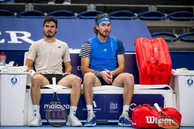 Greek Petros Tsitsipas and Greek Stefanos Tsitsipas pictured during a second round doubles match at the European Open Tennis ATP, Tennis Herren tournament, in Antwerp, Wednesday 18 October 2023. JASPERxJACOBS  x77974449x