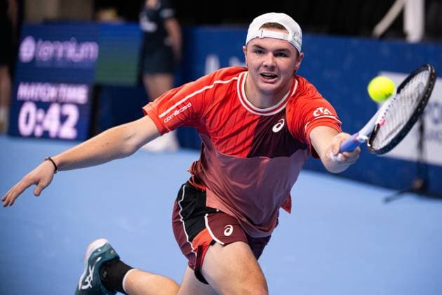 Swiss Dominic Stricker pictured in action during a first round match at the European Open Tennis ATP, Tennis Herren tournament, in Antwerp, Wednesday 18 October 2023. LAURIExDIEFFEMBACQ  x77980263x