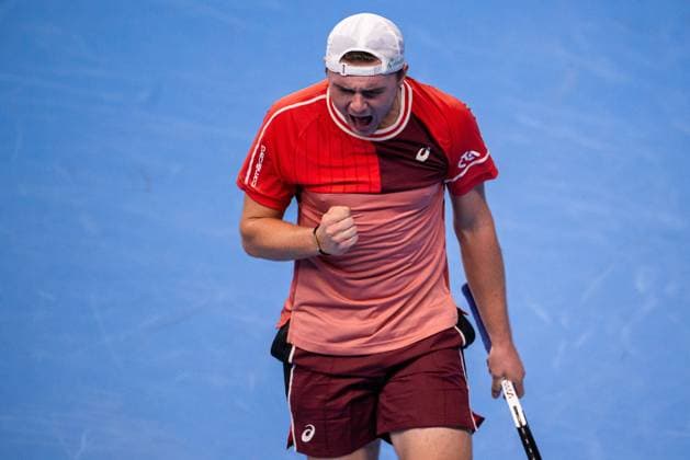 Swiss Dominic Stricker reacts during a first round match at the European Open Tennis ATP, Tennis Herren tournament, in Antwerp, Wednesday 18 October 2023. LAURIExDIEFFEMBACQ  x77980287x