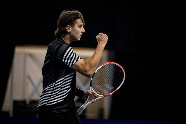 Kazach Alexander Shevchenko celebrates during a second round match at the European Open Tennis ATP, Tennis Herren tournament, in Antwerp, Wednesday 18 October 2023. JASPERxJACOBS  x77984846x
