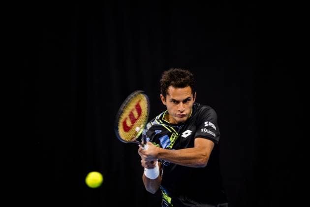 Peruvian Juan Pablo Varillas pictured in action during a second round match at the European Open Tennis ATP, Tennis Herren tournament, in Antwerp, Wednesday 18 October 2023. JASPERxJACOBS  x77984877x