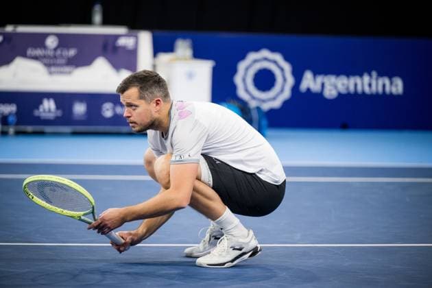 Adam Pavlasek pictured in action during a second round doubles match at the European Open Tennis ATP, Tennis Herren tournament, in Antwerp, Wednesday 18 October 2023. JASPERxJACOBS  x77984891x