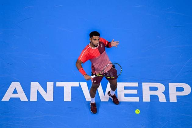 French Arthur Fils pictured in action during a second round match at the European Open Tennis ATP, Tennis Herren tournament, in Antwerp, Wednesday 18 October 2023. LAURIExDIEFFEMBACQ  x77985017x